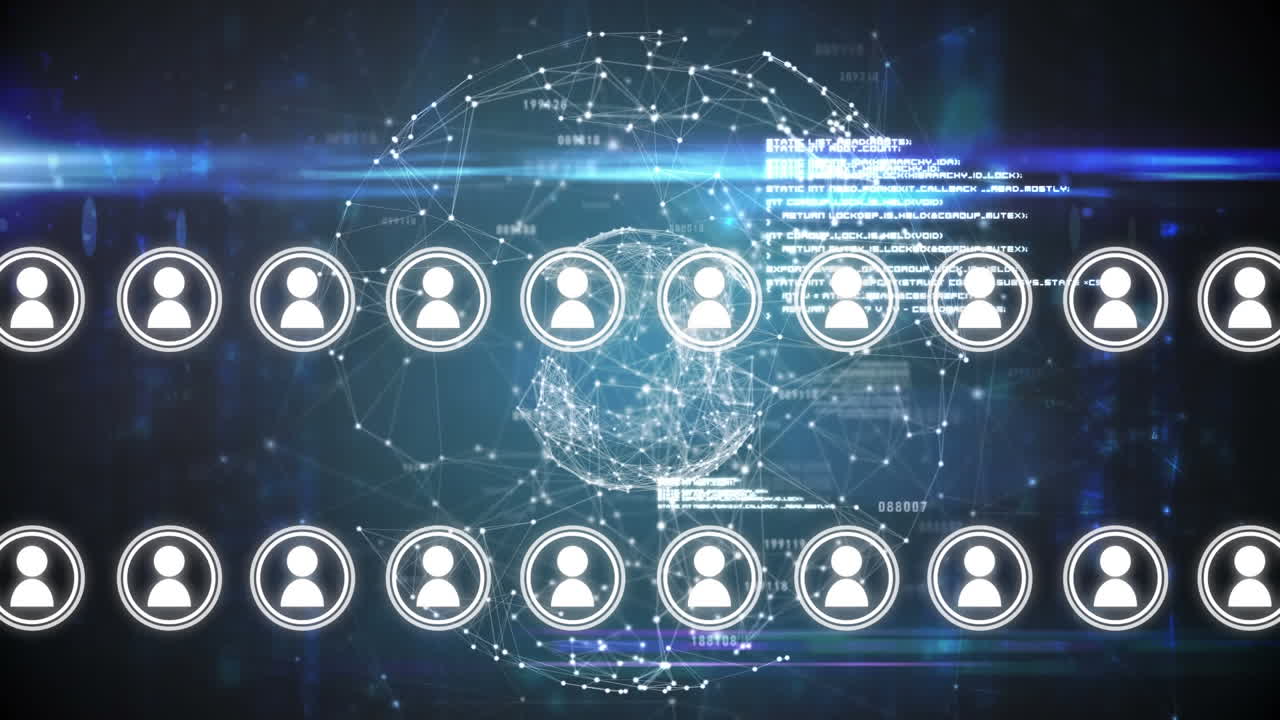 Digital animation of series of people icon vectors with an abstract background of circular networks