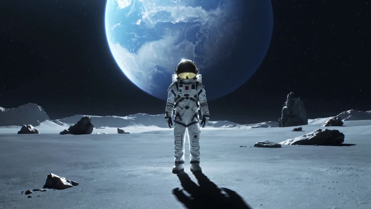 Stående astronaut vender mod kamera på månens overflade, Jorden fylder himlen, iført EVA-dragt, PLSS.