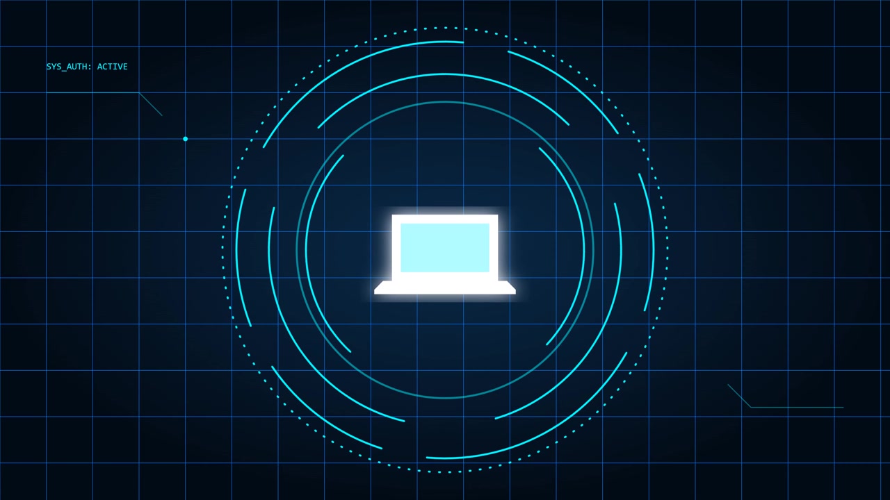 Digital Laptop Icon with Rotating HUD Interface Elements