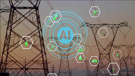 ai technology and energy icons over electrical power lines at sunset