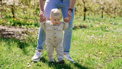 unrecognized man wearing jeans leading a cute baby boy. little child in a romper taking his first steps learning to walk. nature at backdrop.