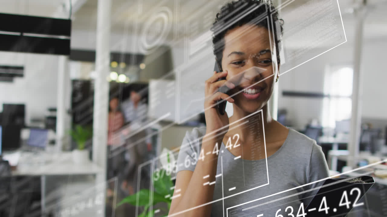 Animation of data processing over diverse business people in office