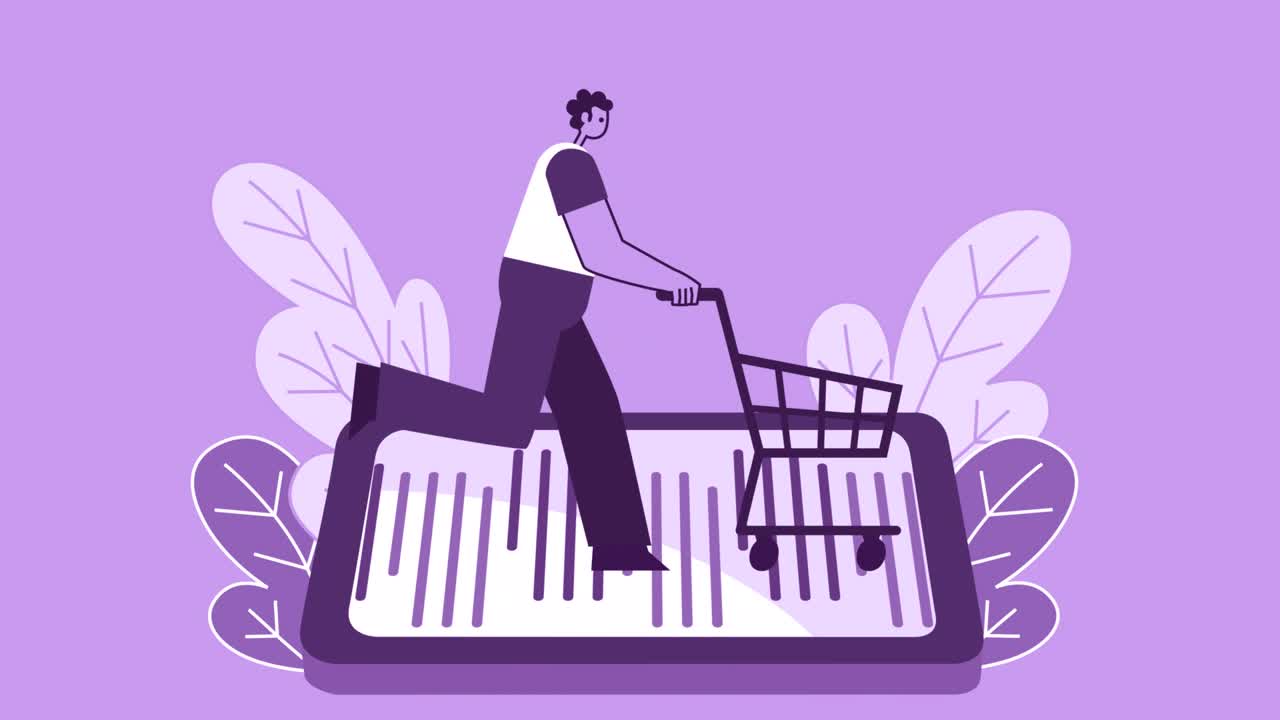 Purple Style Man Flat Character Ranning on Smartphone with Shopping Cart. Isolated Loop Animation with Alpha Channel