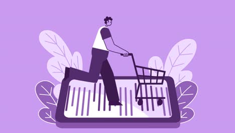 hombre de estilo púrpura personaje plano corriendo en teléfono inteligente con carrito de compras. animación de bucle aislado con canal alfa