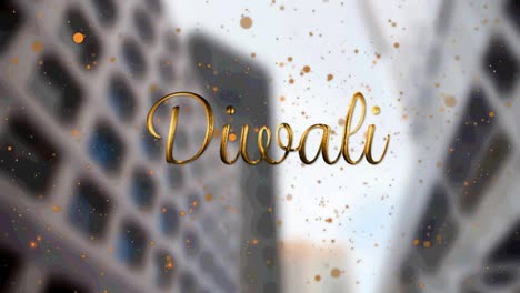 Diwali-text-banner-and-yellow-spots-floating-against-tall-buildings-in-background