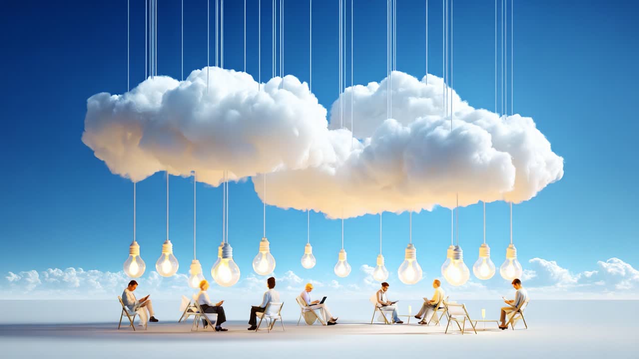 A surreal gathering of individuals seated beneath clouds, with glowing light bulbs hanging above as a symbolic representation of ideas and creativity in a dreamlike sky setting