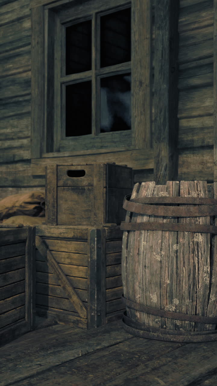 viejas cajas de madera y barril fuera de un edificio rústico
