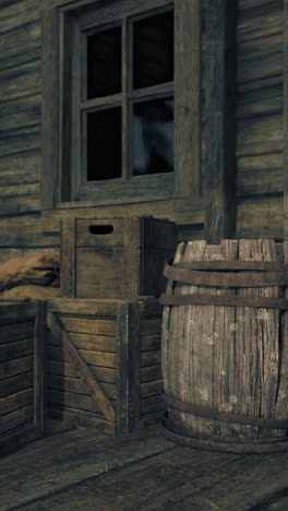 old wooden crates and barrel outside a rustic building