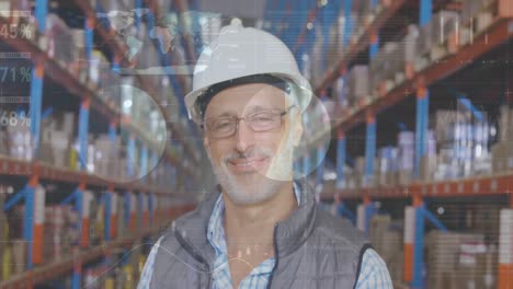 Statistical-data-processing-over-portrait-of-caucasian-senior-male-supervisor-smiling-at-warehouse