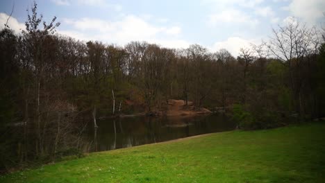 panning from a bright sky to a small, dirty, mysterious lake on a green meadow with trees