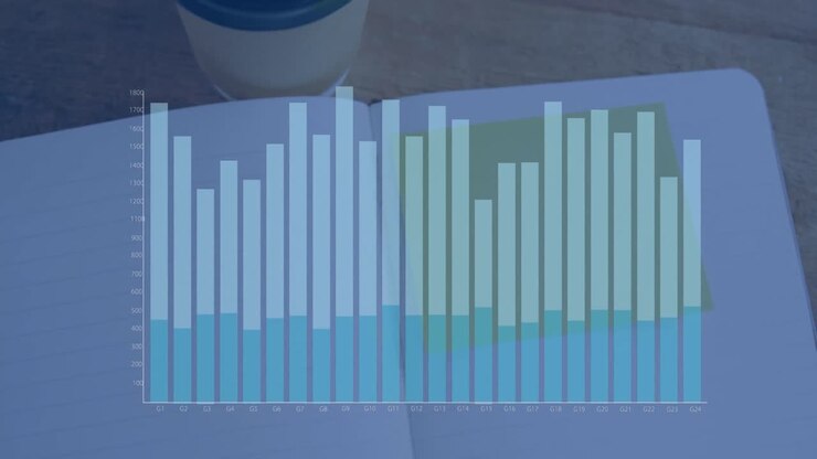 Animation af finansgraf over notesbog på skrivebord