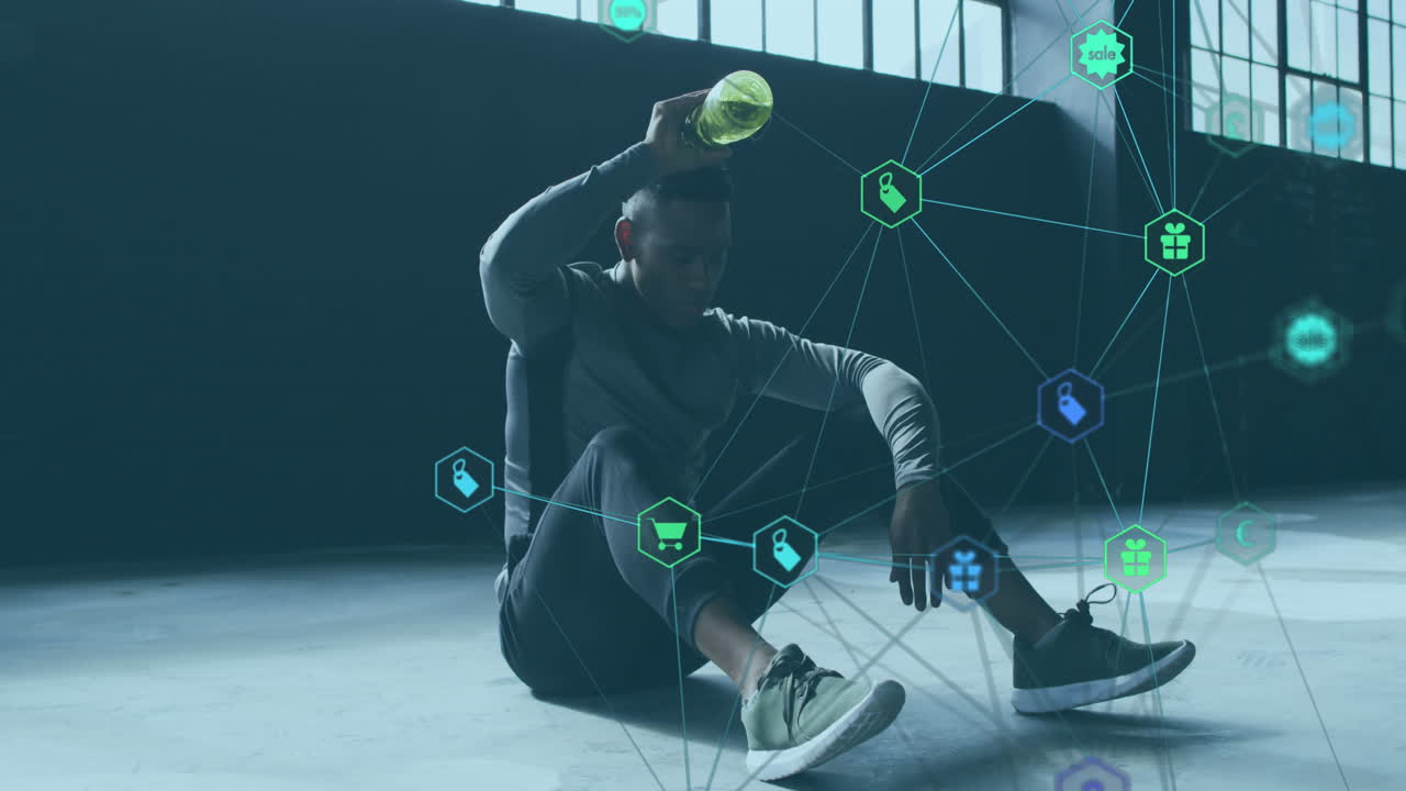 머리에 물을 뿌리는 사람 위에 기술 아이콘과 연결 네트워크의 애니메이션