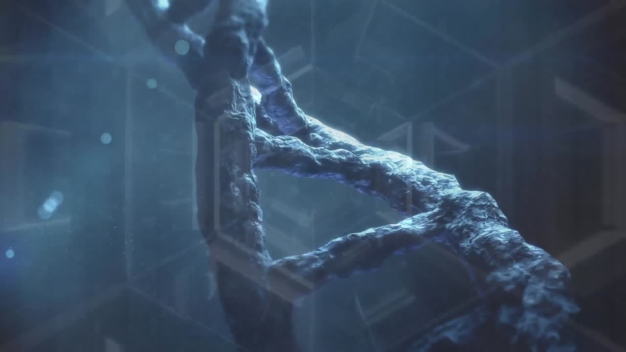 Animation of floating nucleotides and rotating dna helix over looping hexagon tunnel