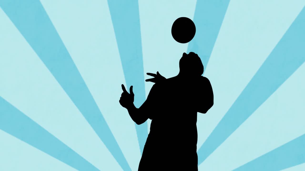 파란색 배경의 모양 위에 축구 선수 실루의 애니메이션