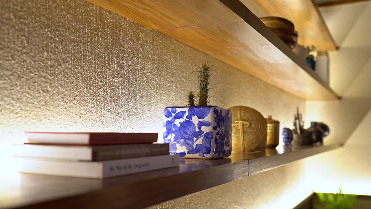 밝은 벽에 아름다운 식물과 책이 있는 나무 선반