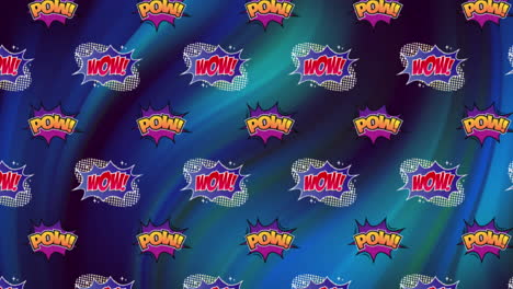 animation of text pow and wow in red and orange, repeated and moving on blue and green background