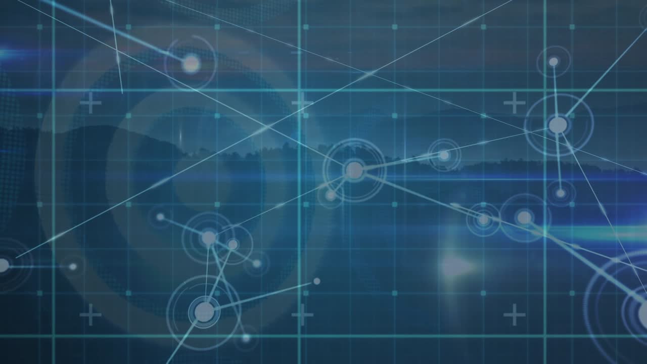 Animation of network of connections with icons over landscape