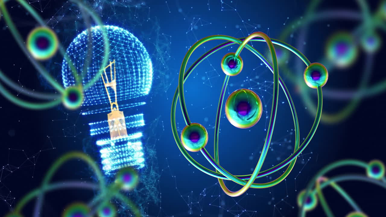 Animation of atomic structures over light bulb and networks on blue background