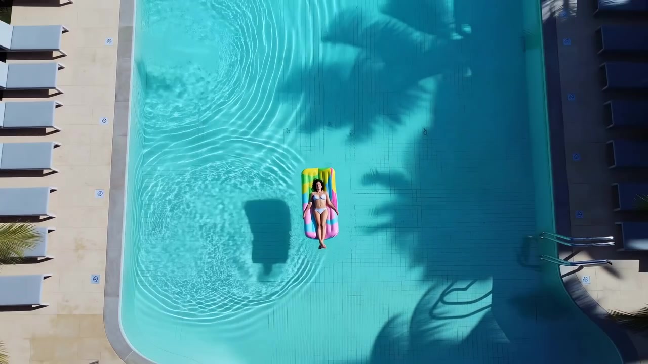 Overhead view rises from woman resting on striped inflatable raft to reveal bright blue pool water, spreading ripples, palm tree shadows, pale deck, and aligned sun loungers.