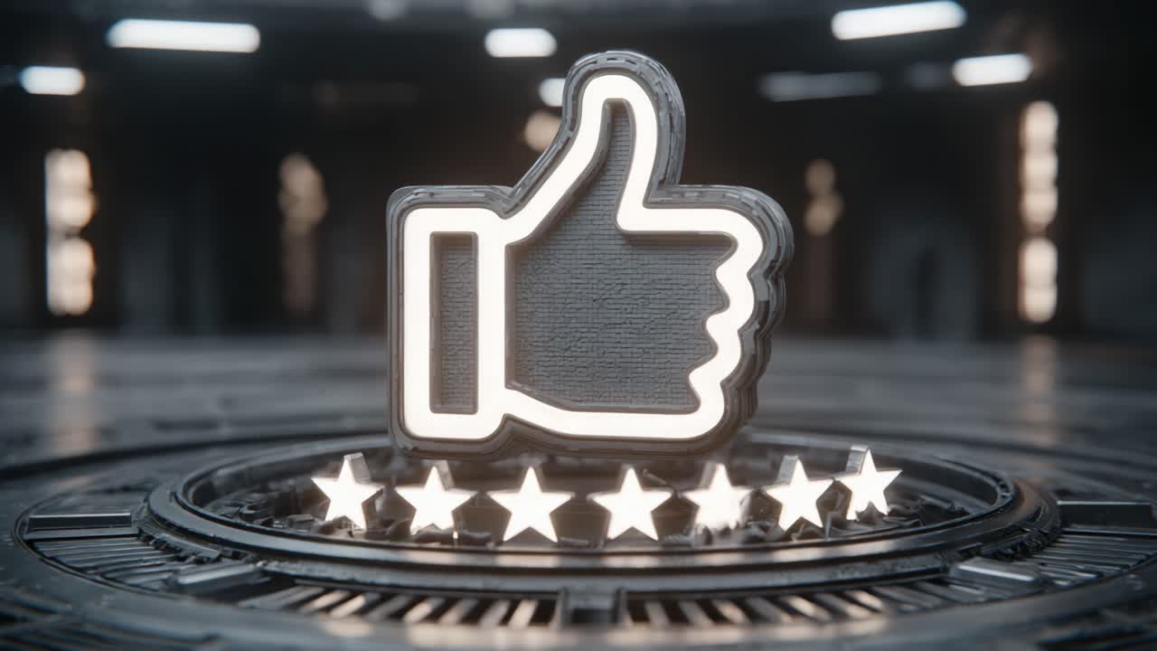 Illuminated Thumbs Up Icon with Star Ratings: A Visual Representation of Approval and Positive Feedback in a Futuristic Setting