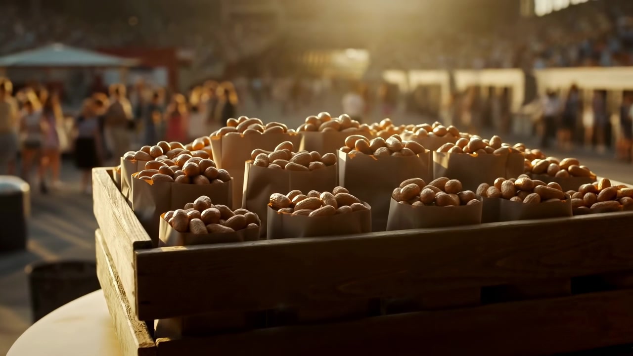 Close view of a wooden crate on a table holding paper bags filled with round bread rolls at an outdoor market. Warm golden-hour backlight creates soft bokeh