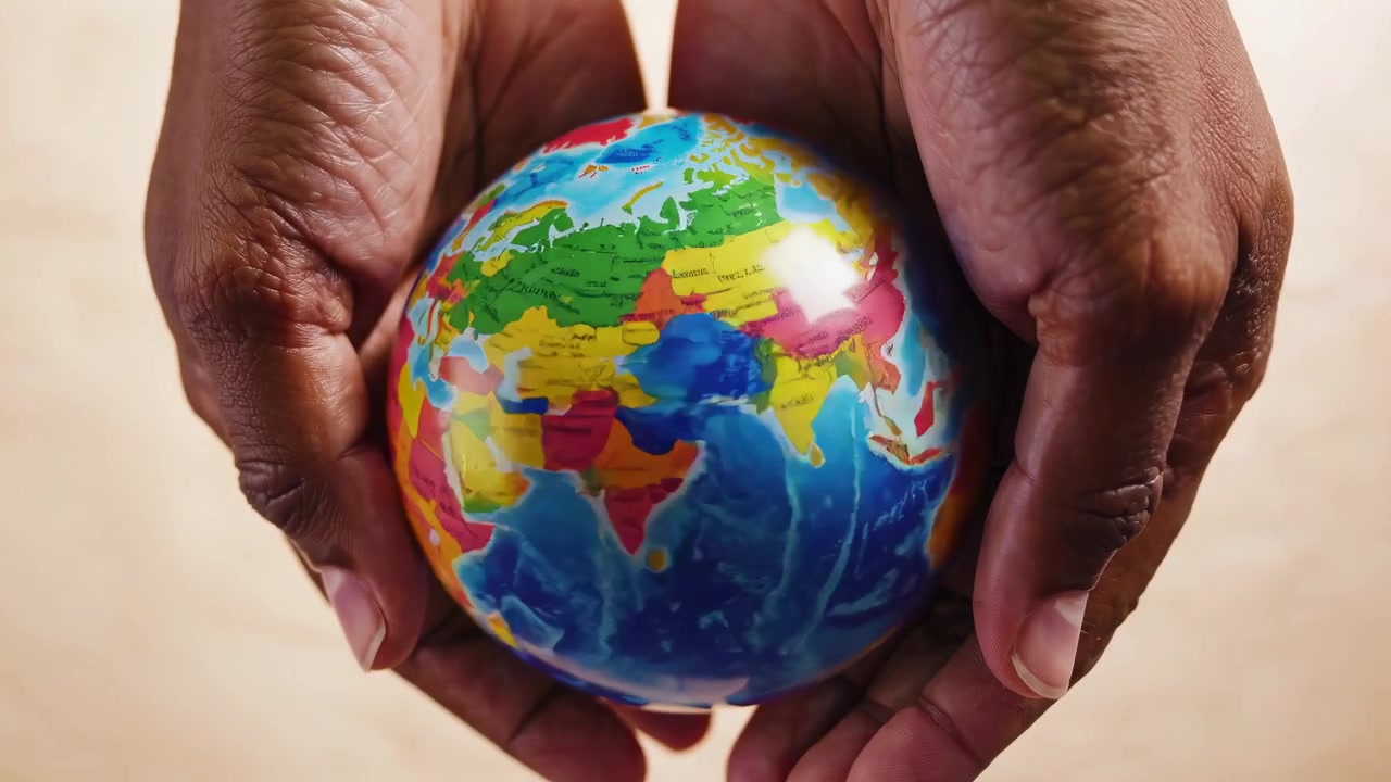 Primo piano di mani che fanno girare delicatamente un mappamondo
