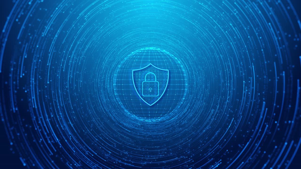 Blue light flare animates rotating grid globe cybersecurity shield icon protection of digital