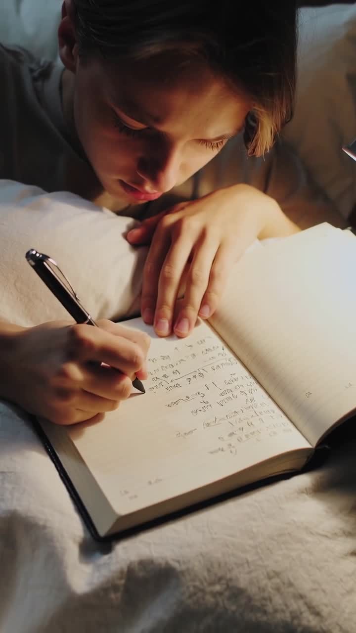 Lampada da comodino che illumina un quaderno, studente maschio che si china sul letto e prende appunti mentre studia.