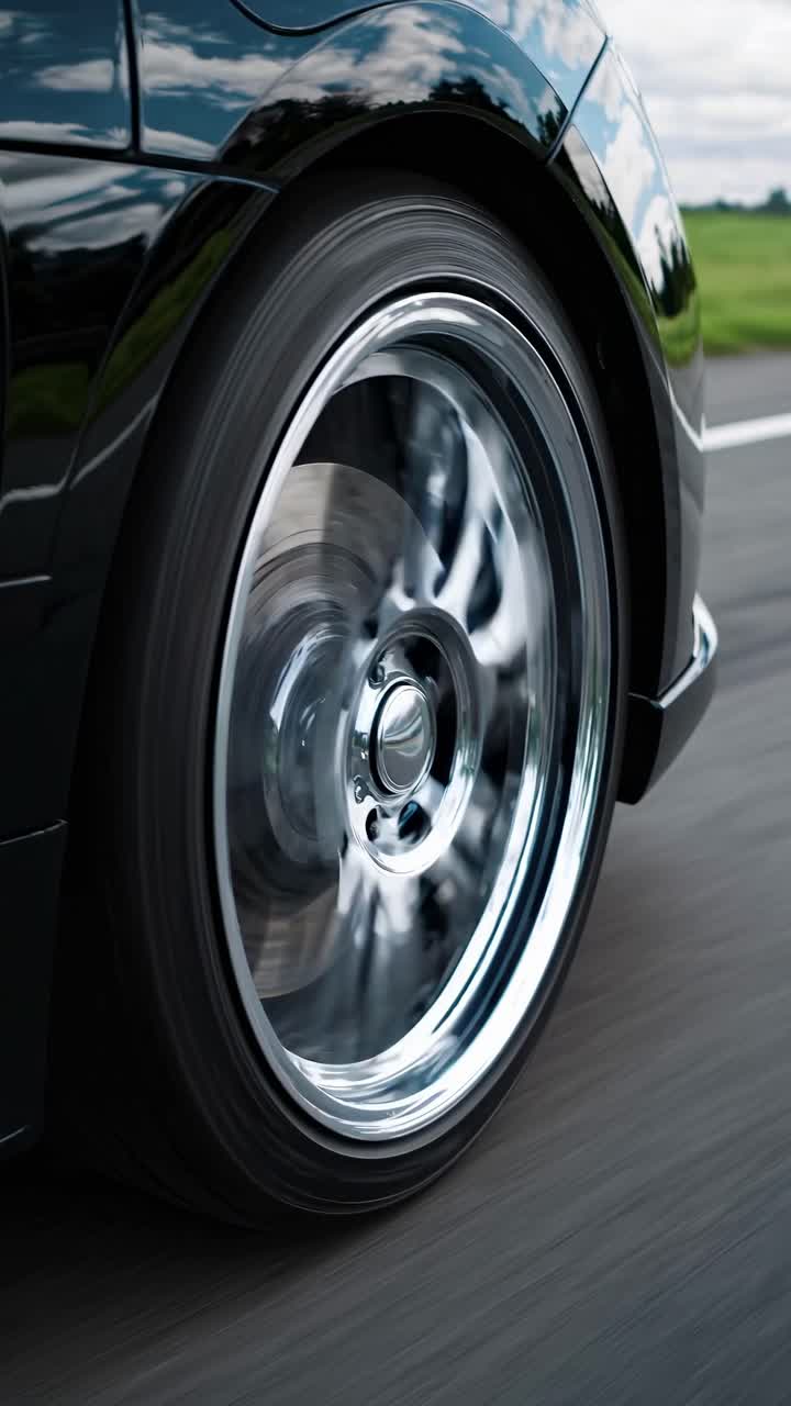 Dynamic low-angle shot of a car wheel in motion, capturing speed and motion blur, perfect