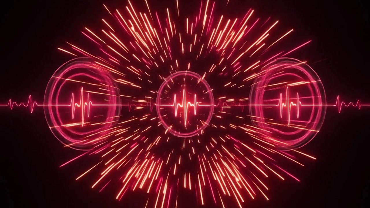 Abstract Red Neon Heartbeat Pulse Animation with Expanding Light Rays