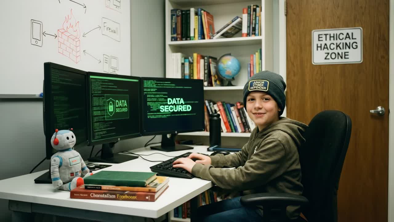 Young Boy Smiling While Working on Computers with Data Secured