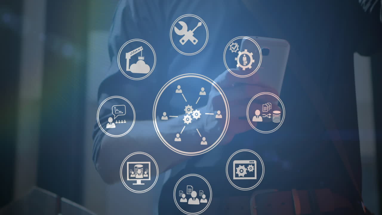 animación de iconos digitales sobre la sección media de un hombre bebiendo café y usando un teléfono inteligente en la oficina.