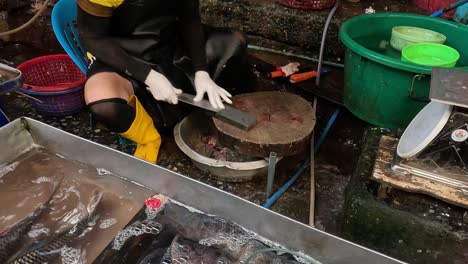 person swiftly gutting fish at a cleaning station