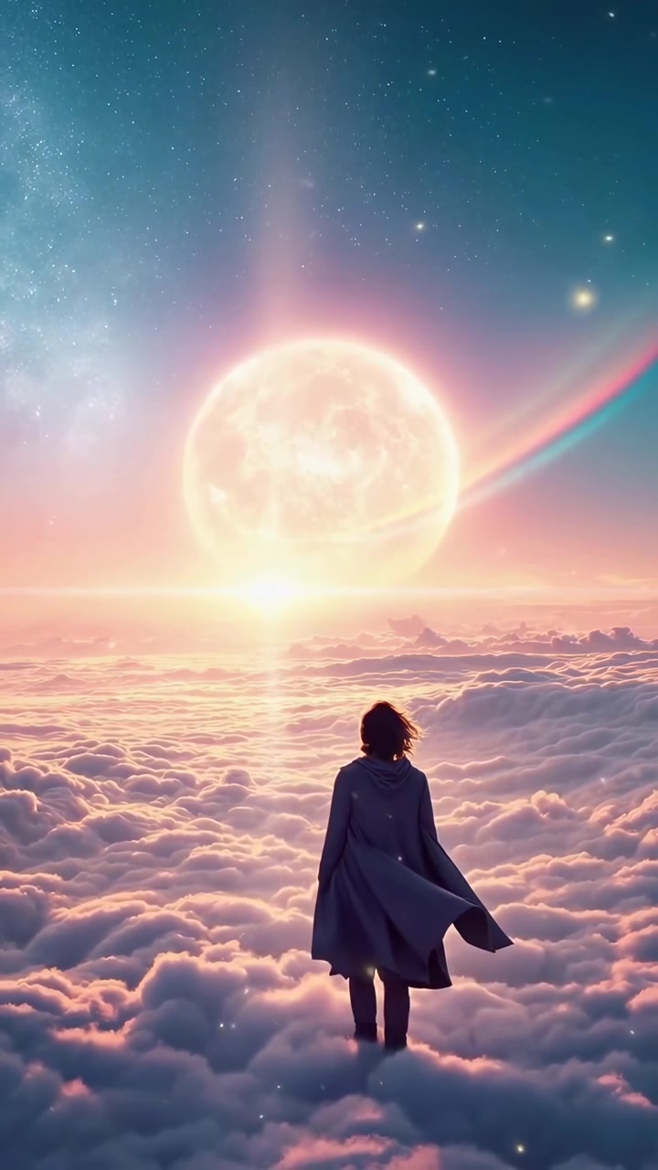 Persona in piedi sulle nuvole che osserva una luna gigante in un cielo sognante