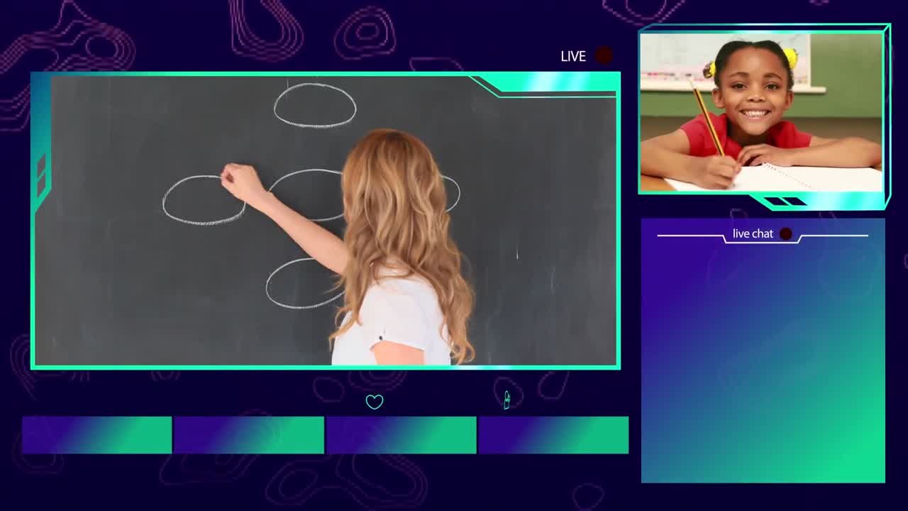 animación de una niña y un maestro teniendo una lección en vivo en línea con marcos azules