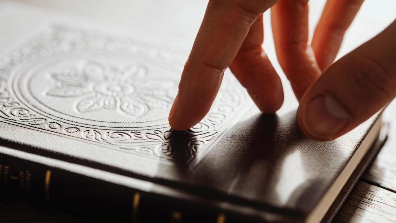 Approaching right, hand tracing embossed medallion on leather book on table, feeling texture