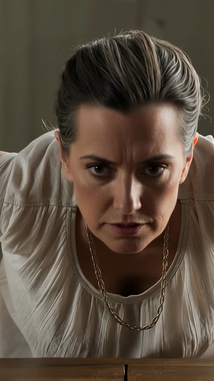 Vertical video: Leaning woman shifting forward at home showing cream top, gold chain and table seam
