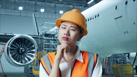 Woman Engineer in Airplane Maintenance Hangar