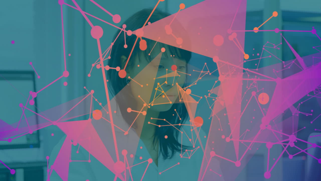 woman analyzing data on computer in technology lab, with pink orange network nodes