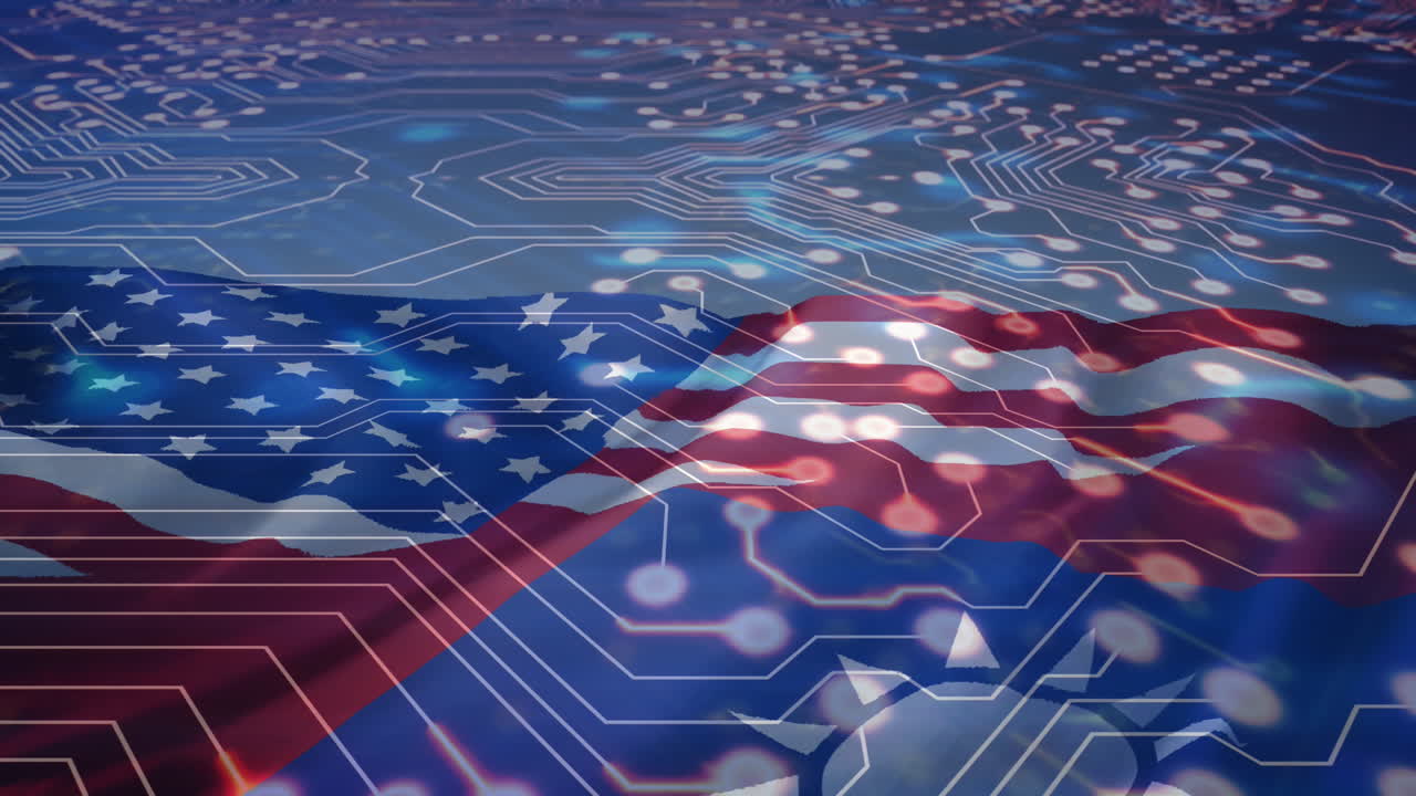 Animation of data processing and circuit board over flag of taiwan and united states of america
