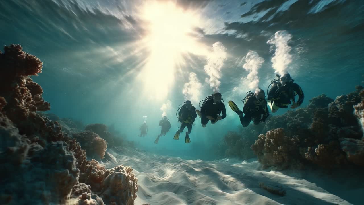 Aventure de plongée : Un voyage sous-marin à couper le souffle à travers les récifs coralliens illuminés par le soleil, dévoilant la beauté et la sérénité de la vie marine