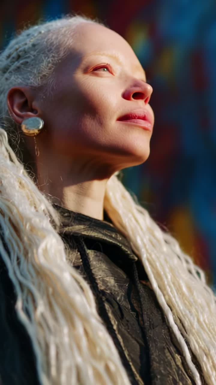 A Captivating Portrait of a Woman with Elegant Long Hair Against a Colorful Background, Highlighting Beauty and Strength Through a Radiant Expression of Confidence