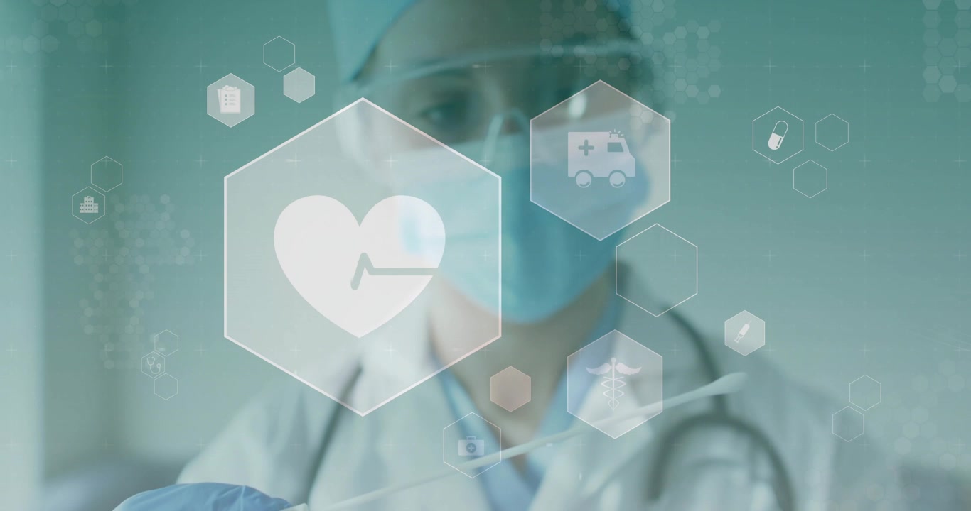 Laboratuvarda cımbızla test şeridine dokunan sağlık görevlisi, EKG dalga formunu gösteren ambulans simgelerini ortaya çıkarıyor.