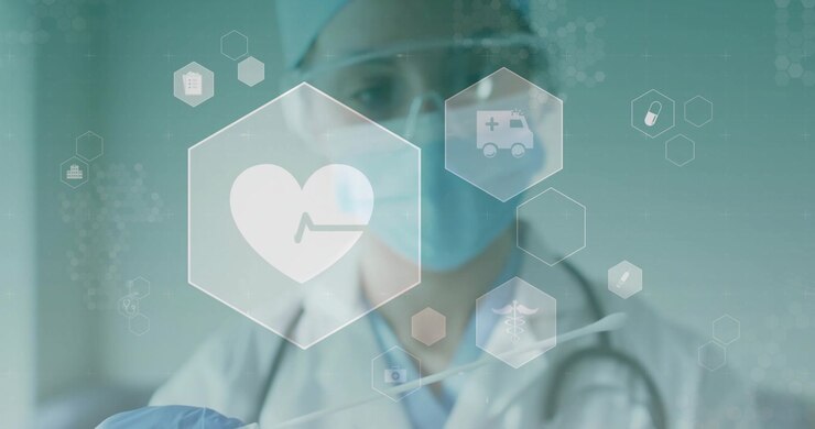 Médico tocando una tira de prueba con pinzas en el laboratorio, revelando iconos de ambulancia que muestran una onda de ECG.