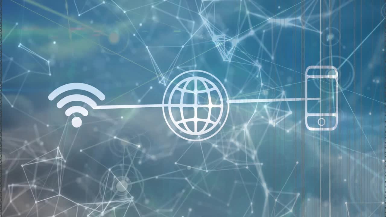 Digital connectivity graphic connecting Wi-Fi icon, globe icon, phone outline on blue gradient