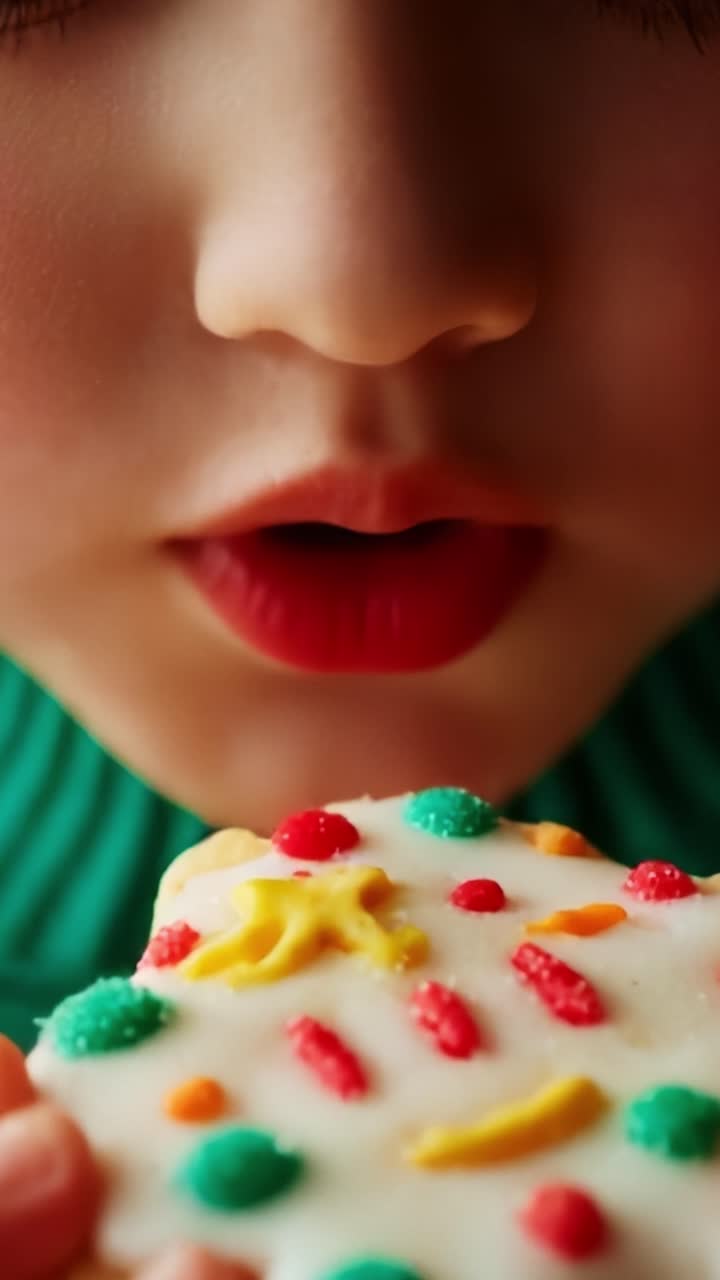 Delightful Close-Up of a Child's Anticipation before Enjoying a Colorful, Frosted Cookie, Capturing the Sweet Moment of Joy and Innocence in Each Bite