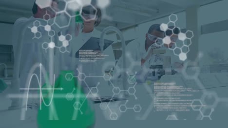 animación del procesamiento de datos científicos en un grupo de científicos en el laboratorio
