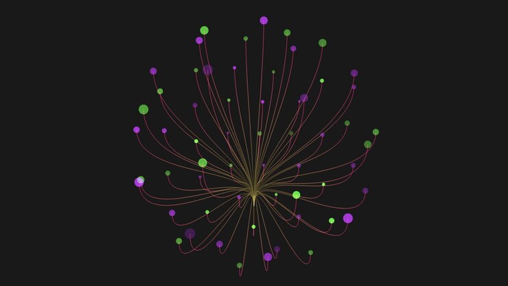 Abstract and futuristic flower from dots and lines on black gradient