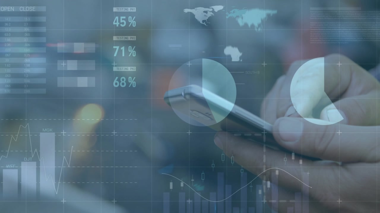 Animation of data processing over woman using smartphone