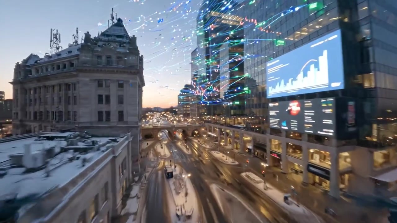 A Captivating Winter Cityscape Showcasing Vibrant Lights and Dynamic Movement Amidst Snowy Streets and Stunning Architecture at Dusk.